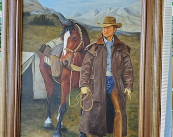 Going Hunting  - A realistic Oil painting on canvas of an Old west cowboy going hunting with pack horse
