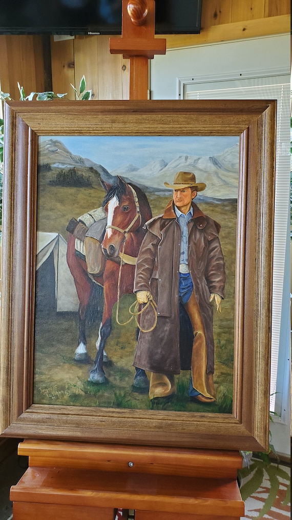 Going Hunting  - A realistic Oil painting on canvas of an Old west cowboy going hunting with pack horse