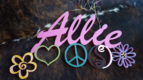 Name or Word Wall Art Large Fun Cutout - Featuring Symbols of Love and Care - Great for the kids room!