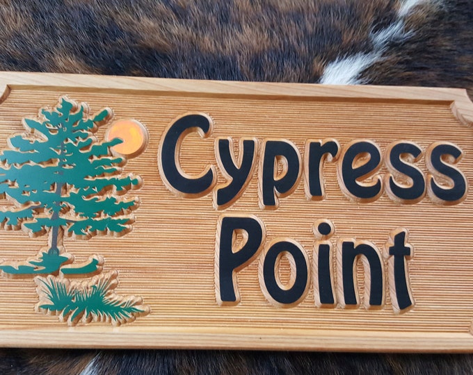 Personalized  Welcome / Address Sign featuring a beautiful Cypress Tree Scene. Carved Wood Sign Customized to your needs.