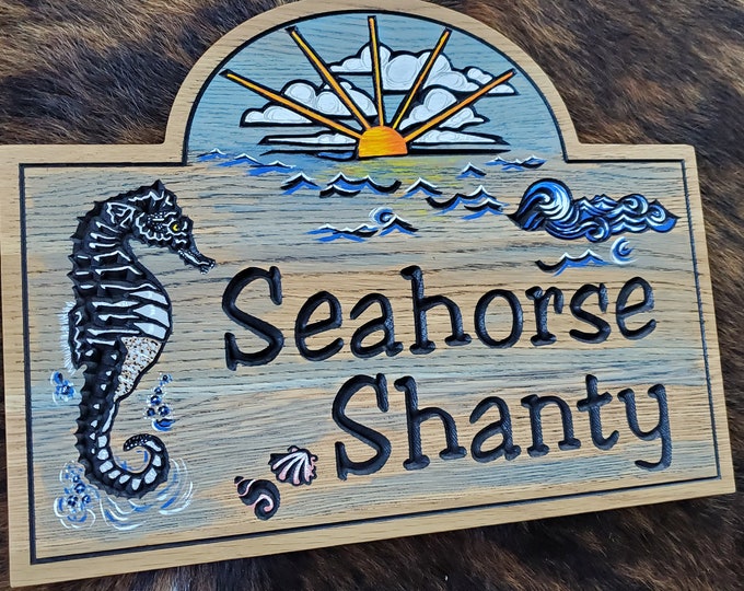 Personalized Beach House  or Island House Carved Wood Sign - Seahorse