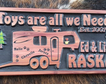 Personalized 5th Wheel RV Toy Hauler Sign - Camping Sign - Carved Wood - Toys are all we Need