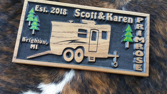 Personalized Bumper Pull RV Toy Hauler Sign - Camping Life is Good Carved Wood - Boys and Their Toys