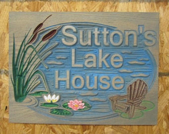 Personalized Lake House  or Beach House Sign Carved Wood Hand painted original design Barn wood Finish