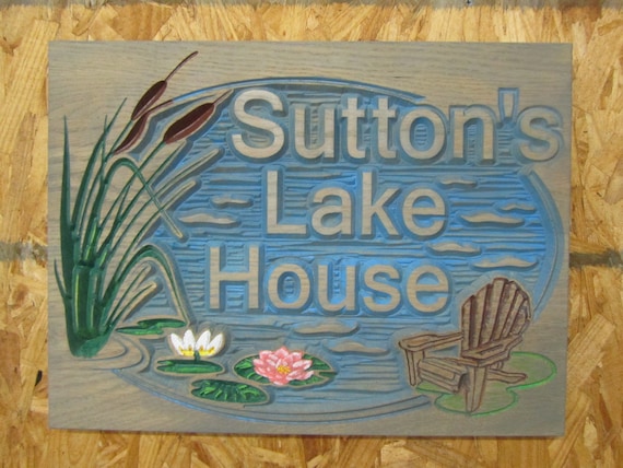 Personalized Lake House  or Beach House Sign Carved Wood Hand painted original design Barn wood Finish