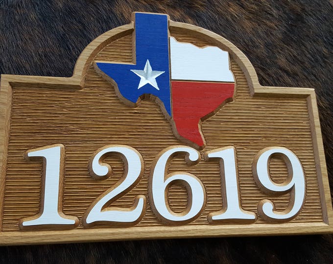 For the Texan in You...  Red White & Blue Texas - Hand Painted with Care Carved Wood Original Design Made in USA - Texas Address Sign