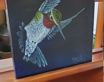 Ruby Throat Hummingbird  - A realistic original Oil painting of a Ruby Throat Hummingbird in flight