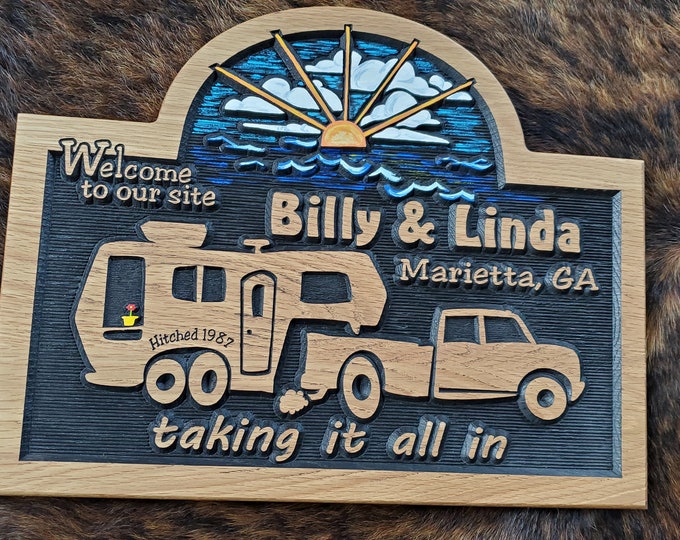 5th Wheel RV Sign - Camping Life is Good - Carved Wood Hand Painted - Made in USA - Glamping