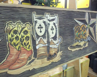 These Boots Custom Wall Hanging - Rustic Wall Decor - Makes a Great Headboard Rustic Carved Wood Handpainted