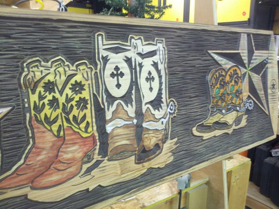 These Boots Custom Wall Hanging - Rustic Wall Decor - Makes a Great Headboard Rustic Carved Wood Handpainted