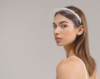 Bridal Birdcage Veil Headband with Pearls: Alix