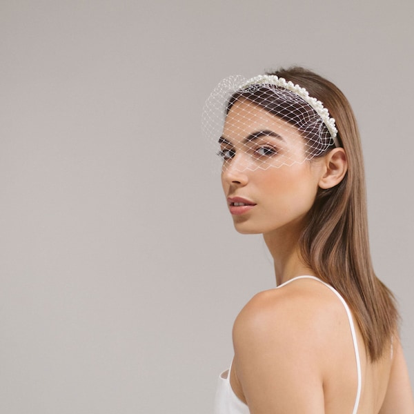 Bridal Birdcage Veil Headband with Pearls: Alix