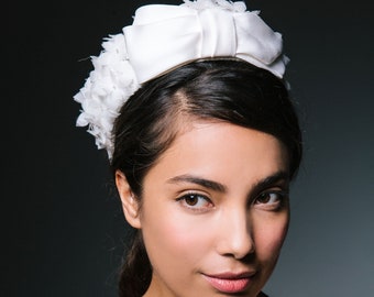 Bridal Pill Box Hat with Tiny Petals and Bow: Brigitte