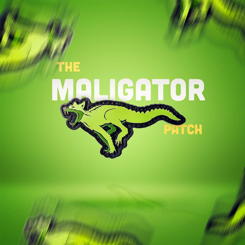Peut inclure: Un patch en forme d'alligator vert avec le texte "THE MALIGATOR PATCH" en lettres blanches et orange.