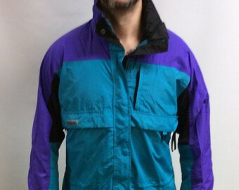 purple and teal jacket