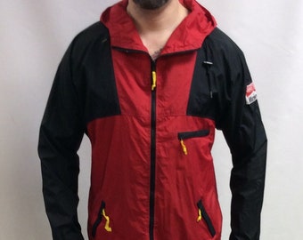 Vintage 90&#39;s Original Marlboro Cigarettes Adventure Team Red & Black Classic Windbreaker Nylon Hooded Hiking Jacket (Size XL)