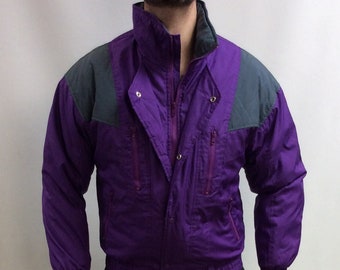 Vintage 90's Original Subello Ski Colorful Neon Purple Highlighter Green & Charcoal Gray Classic Puffer Nylon Skiing Jacket (Size L)