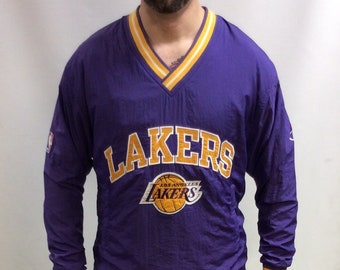 Vintage 90&#39;s RARE Los Angeles Lakers Basketball Purple & Gold REVERSIBLE Windbreaker Nylon Pullover Champion Jacket (Size M)