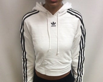Vintage 90's White & Black Stripes Crop Top Long Sleeve Hoodie Sweatshirt (Size XS)