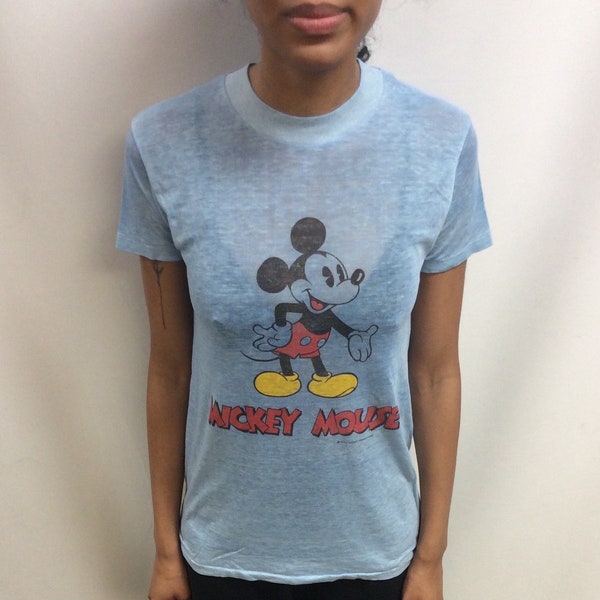 Vintage 70’s 80’s Mickey Mouse Baby Blue Super Thin Extremely Comfortable Original T-Shirt Classic Print in Front & Back (Size S/M)