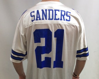 Vintage 90's Original Dallas Cowboys #21 Deion Sanders White & Blue Classic Prime Time Nike Football Jersey (Made in USA) (Size 2XL)
