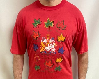 Vintage 80s Canada Maple Leaf T-Shirt: Red Classic Print (Size XL)