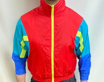 Vintage 80's-90's Bright Colorful Rainbow Nylon Windbreaker Running Mikan Jacket (Size 14)