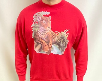 Vintage 90s Jaguar Leopard Print Sweatshirt - Red Big Cat Graphic (Size L)