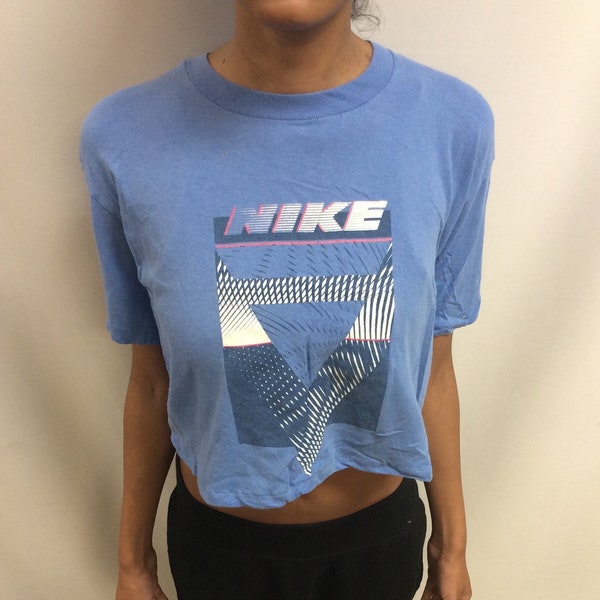 Vintage 90's Nike Light Blue Crop Top Big Block Letters Short Sleeve Shirt (Made in USA) (Size M 38-40)