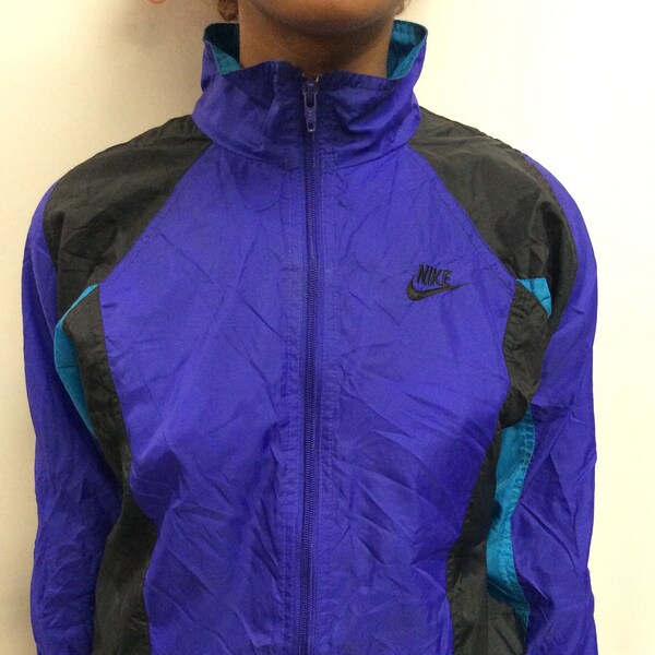 Vintage 90's Nike Vibrant Purple, Green, & Black Windbreaker Nylon Running PULLOVER Jacket (Size Women's M)