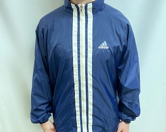 Vintage 90s Adidas Windbreaker: Navy Blue 3 Stripes Track Jacket (Size XL)