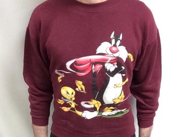 Vintage 90s Looney Tunes Tweety & Sylvester Sweatshirt - Maroon (Size M/L)