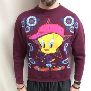 Sudadera vintage granate de los años 90 (1995) con el personaje original de los Looney Tunes, Piolín, de Warner, de Harley Davidson (fabricada en EE. UU.) (talla M)