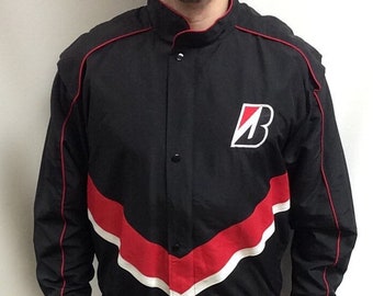 Vintage 90&#39;s Bridgestone Racing Collection Classic Black & Red NASCAR Driving Windbreaker Nylon Snap on Buttons Zipper Jacket (Size M)