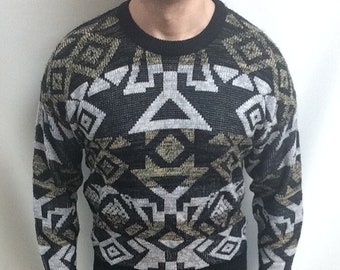 Vintage 90s Geometric Pattern Sweater: Coogi Style, Size L