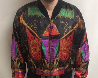Vintage 80&#39;s Original GDT too Bright Colorful Gold Chains Tassels Bells Print All Over Classic Windbreaker Bomber Jacket (One size fits All)