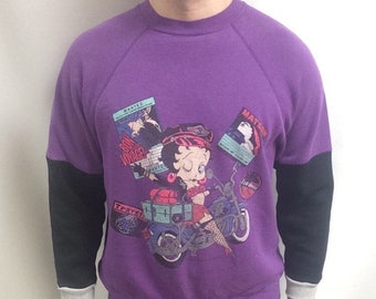 Vintage 90's Original Betty Boop Cartoon Character Biker Motorcycle Purple Tultex Sweatshirt (Made in USA) (Size XL)