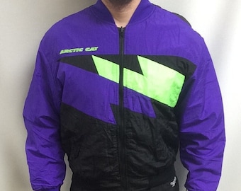 Vintage 90s Arctic Cat Ski Bomber Jacket: Neon Heritage Snow Coat (L)