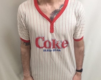 Vintage 80s Coca-Cola Ringer T-Shirt: Red Stripe Sleep Gear (Made in USA)