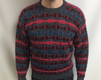 Pull vintage en acrylique inspiré de Coogi : tricot coloré des années 80 et 90 (taille L)