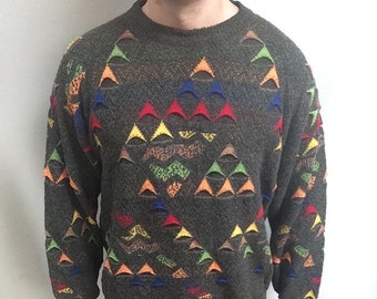 Pull vintage des années 90 inspiré de Coogi : style Picasso coloré (taille L)