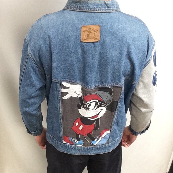 Vintage 90er Jahre seltene DIY Mickey Mouse Disney Cartoon Charakter Custom Made Blue Jeans Jeansjacke (Größe Large / Extra Large)