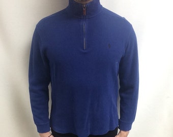 Vintage 2000's Polo Ralph Lauren Navy Blue Classic Pullover Quarter Zip Long Sleeve Pullover LightWeight Sweater (Made in USA) (Size XL)