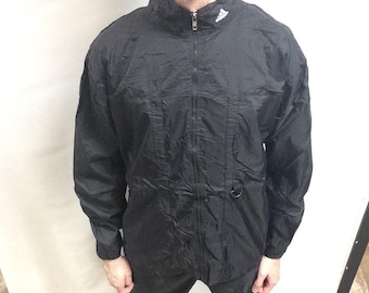 Vintage Adidas Nylon Track Jacket: Black & White 3 Stripes (Size L)