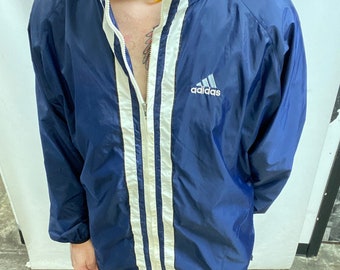 Vintage 90's Original Adidas 3 Stripes Navy Blue & White Stripes  Windbreaker Nylon Running Track Soccer Jacket (Size XL)