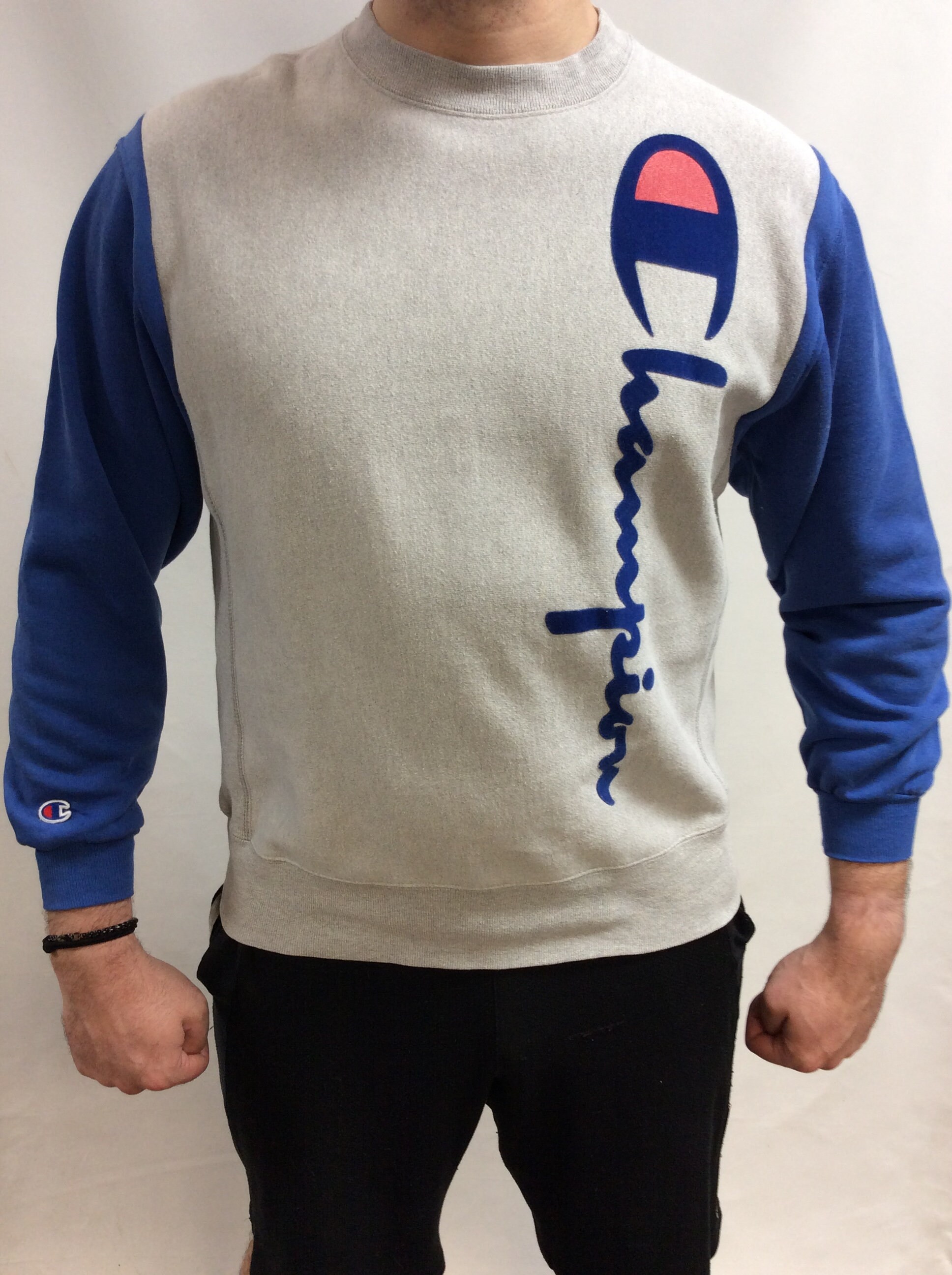 Vintage 90's Champion Reverse Weave Sweatshirt: Gray & Blue Logo