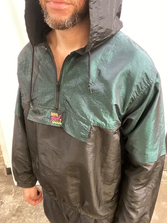 Vintage 90's Surf Style Hooded Metallic Green and… - image 5