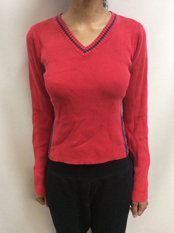 Vintage 90's Tommy Hilfiger Red Knitted V-Neck To… - image 2
