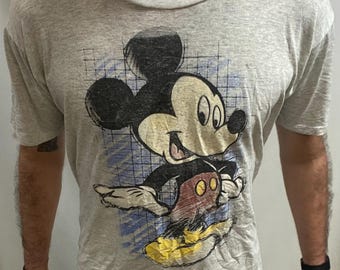 Vintage 80s-90s Mickey Mouse T-shirt, Classic Cartoon, Gray Single Stitch (Adult XL)
