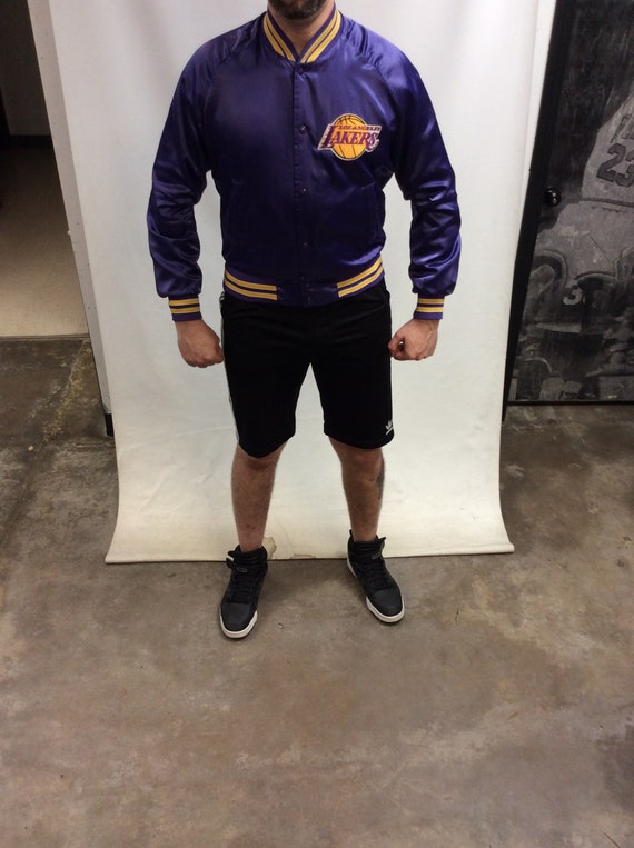 Vintage 90s Lakers Chalk Line Bomber Jacket: Purple & Gold Nylon (Size L)